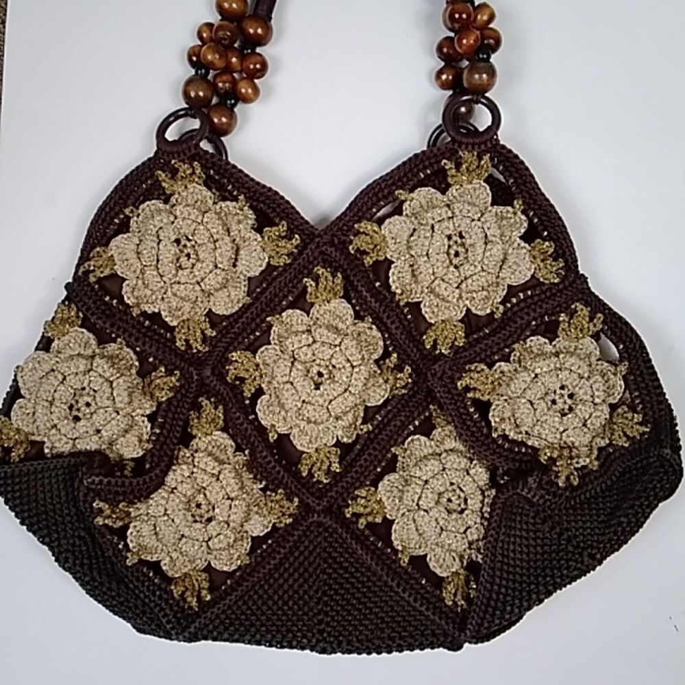 VTG, Crochet Style Retro Handmade Floral Handbag And Shoulder Bag Brown And Gold - Picture 4 of 14